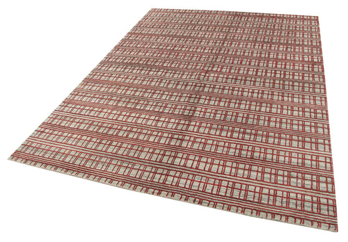 Purpleocco Red Geometric Wool Cotton Handmade Rug 5'8'' x 7'10''