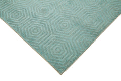 Purpleocco Turquoise Geometric Wool Cotton Handmade Rug 8'0'' x 10'0''