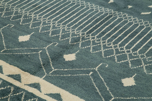 Purpleocco Blue Geometric Wool Cotton Handmade Rug 9'2'' x 12'0''