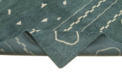 Purpleocco Green Geometric Wool Cotton Handmade Rug 10'2'' x 13'8''