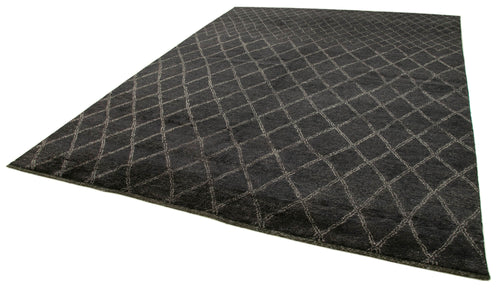 Purpleocco Black Geometric Wool Cotton Handmade Rug 9'1'' x 12'4''