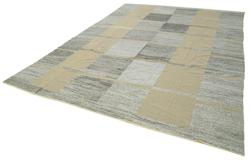 Handmade Area Rug – Grey Geometric Cotton Wool Vintage Handwoven Carpet 10'2"x13'9"