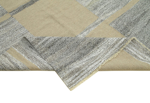 Handmade Area Rug – Grey Geometric Cotton Wool Vintage Handwoven Carpet 10'2"x13'9"