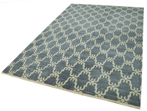Purpleocco Blue Geometric Wool Cotton Handmade Rug 6'1'' x 9'0''