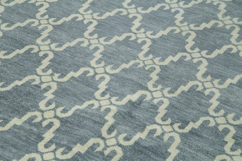 Purpleocco Blue Geometric Wool Cotton Handmade Rug 6'1'' x 9'0''