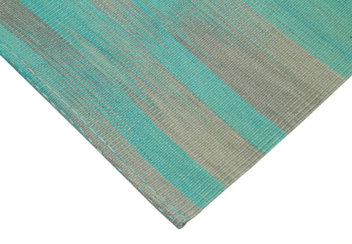 Degrade Kilim Turquoise Striped Cotton Wool Handmade Area Rug 6'11'' x 8'7''