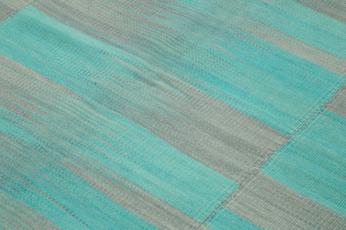 Degrade Kilim Turquoise Striped Cotton Wool Handmade Area Rug 6'11'' x 8'7''
