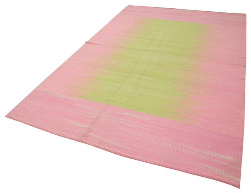 Degrade Kilim Pink Striped Cotton Wool Handmade Area Rug 5'10'' x 9'4''