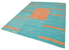 Degrade Kilim Turquoise Striped Cotton Wool Handmade Area Rug 6'9'' x 9'4''