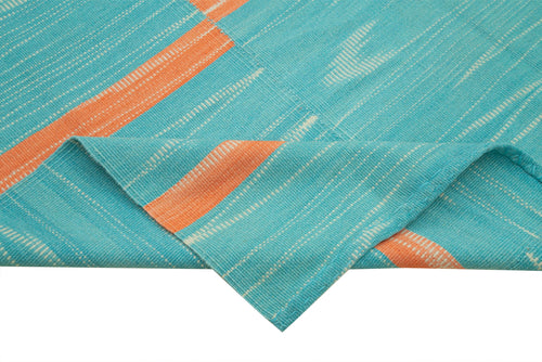 Degrade Kilim Turquoise Striped Cotton Wool Handmade Area Rug 6'9'' x 9'4''