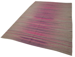 Degrade Kilim Brown Striped Cotton Wool Handmade Area Rug 5'10'' x 8'4''