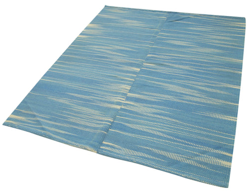 Degrade Kilim Blue Striped Cotton Wool Handmade Area Rug 4'8'' x 5'10''