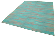 Degrade Kilim Turquoise Striped Cotton Wool Handmade Area Rug 7'1'' x 8'6''