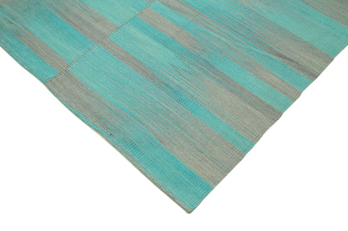 Degrade Kilim Turquoise Striped Cotton Wool Handmade Area Rug 7'1'' x 8'6''