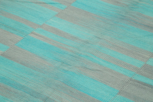 Degrade Kilim Turquoise Striped Cotton Wool Handmade Area Rug 7'1'' x 8'6''