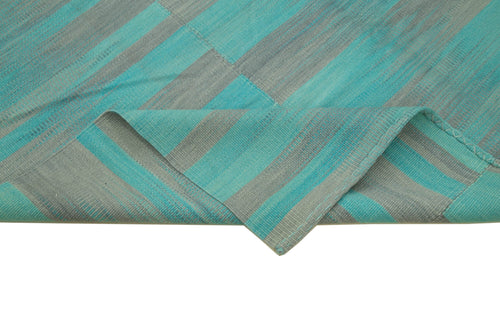 Degrade Kilim Turquoise Striped Cotton Wool Handmade Area Rug 7'1'' x 8'6''