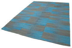 Handmade Area Rug – Blue Striped Kilim Cotton Wool Carpet 7'1''x9'3'' Soft Texture