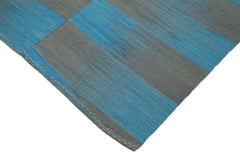 Handmade Area Rug – Blue Striped Kilim Cotton Wool Carpet 7'1''x9'3'' Soft Texture