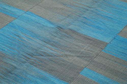 Handmade Area Rug – Blue Striped Kilim Cotton Wool Carpet 7'1''x9'3'' Soft Texture