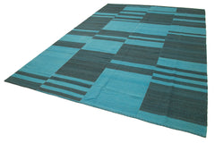 Degrade Kilim Turquoise Striped Cotton Wool Handmade Area Rug 8'11'' x 13'7''