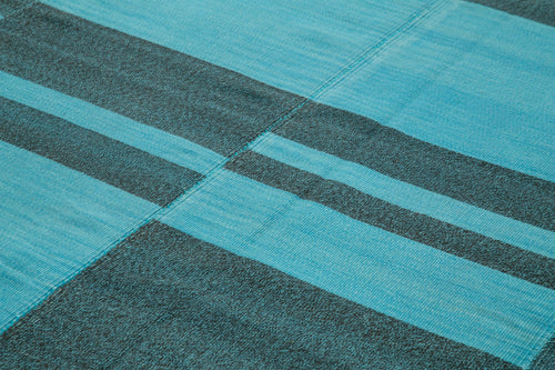 Degrade Kilim Turquoise Striped Cotton Wool Handmade Area Rug 8'11'' x 13'7''