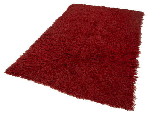 Handmade Area Rug – Red Shaggy Cotton Wool Vintage Turkish Carpet 4'6''x6'7''