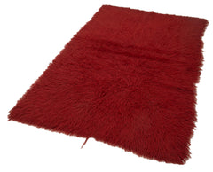 Handmade Area Rug - Red Shaggy Cotton Wool 4x6 Vintage Turkish Carpet