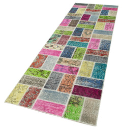 Handmade Area Rug - Blue Patchwork Cotton Wool Vintage Turkish Carpet 2'11''x9'10''