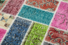 Handmade Area Rug - Blue Patchwork Cotton Wool Vintage Turkish Carpet 2'11''x9'10''