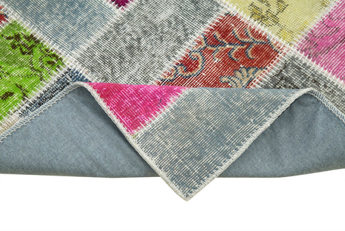 Handmade Area Rug - Blue Patchwork Cotton Wool Vintage Turkish Carpet 2'11''x9'10''