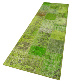 Kirk Yama Green Patchwork Cotton Wool Handmade Area Rug 2'10'' x 9'10''