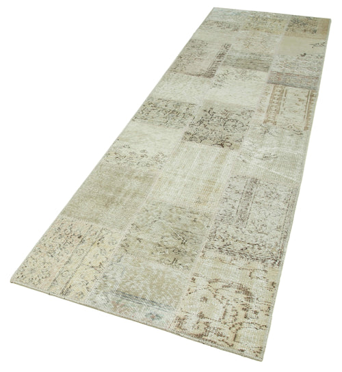 Handmade Area Rug - Beige Patchwork Cotton Wool Vintage Turkish Carpet 2'9''x9'10''