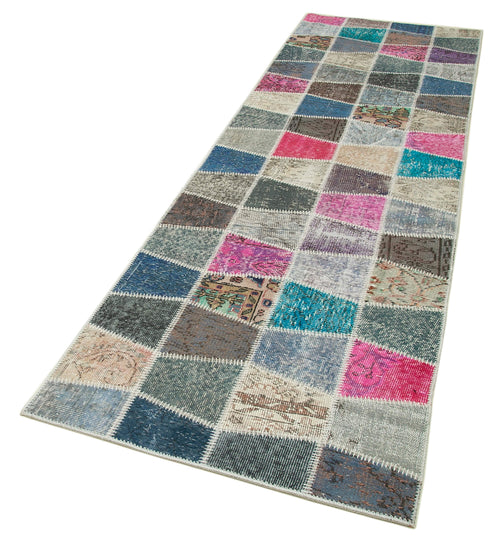 Handmade Area Rug - Kirk Yama Blue Patchwork Cotton Wool Carpet 2'11''x10'0''