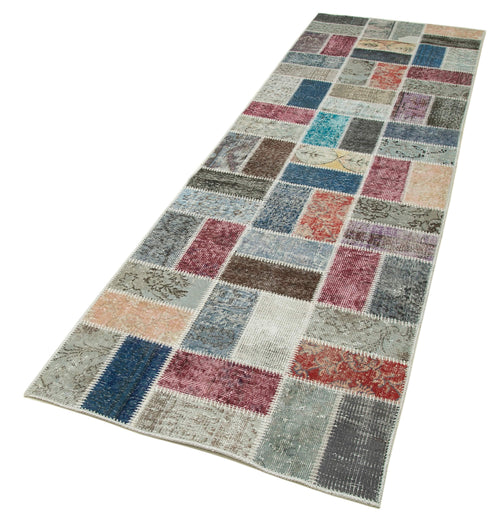 Handmade Area Rug - Blue Patchwork Turkish Carpet 2'11"x9'9" Cotton Wool Durable