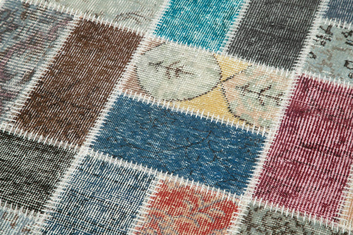 Handmade Area Rug - Blue Patchwork Turkish Carpet 2'11"x9'9" Cotton Wool Durable