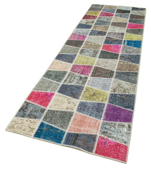 Handmade Area Rug - Blue Patchwork Cotton Wool Vintage Turkish Carpet 2'11''x10'1''