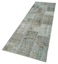 Handmade Area Rug - Blue Patchwork Cotton Wool Vintage Handwoven Carpet 2'9''x9'11''