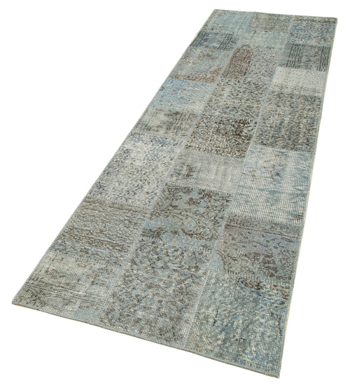 Handmade Area Rug - Blue Patchwork Cotton Wool Vintage Handwoven Carpet 2'9''x9'11''