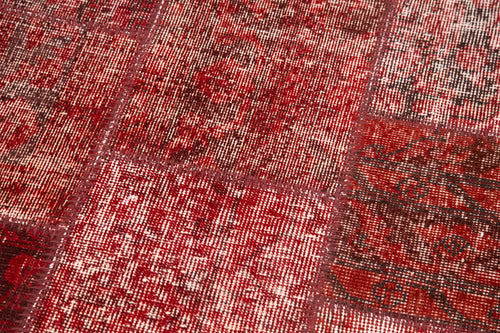 Handmade Area Rug - Kirk Yama Red Patchwork Cotton Wool Vintage Carpet 2'10''x9'11''