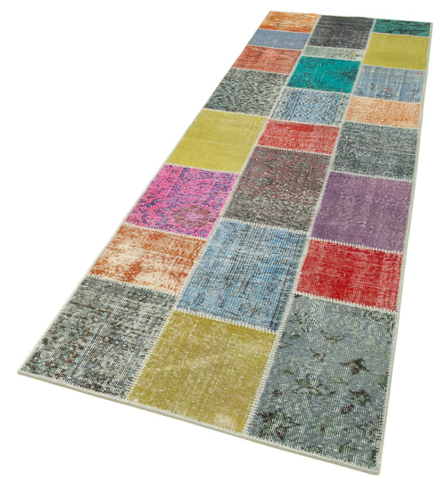 Handmade Area Rug – Blue Patchwork Cotton Wool Carpet 3'1''x9'9'' Durable Soft Weave