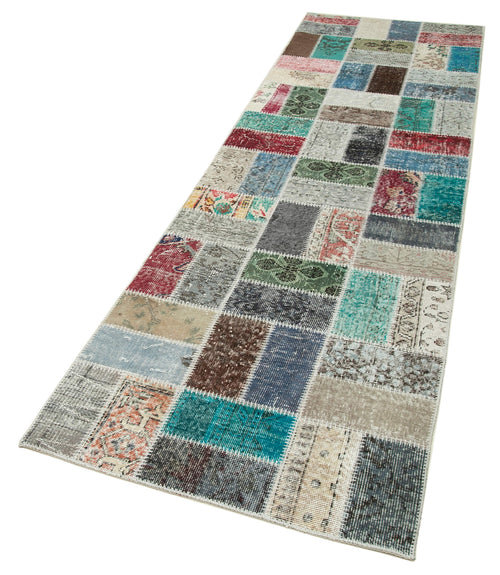 Handmade Area Rug - Blue Patchwork Cotton Wool Carpet, Durable Turkish Style 2'10''x9'7''