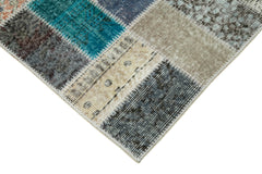 Handmade Area Rug - Blue Patchwork Cotton Wool Carpet, Durable Turkish Style 2'10''x9'7''