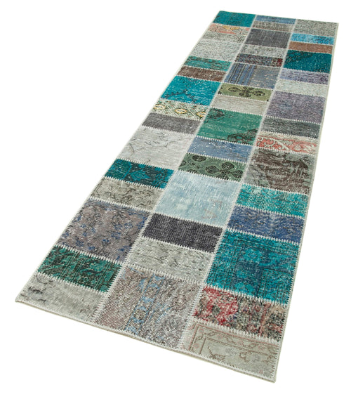 Handmade Area Rug - Blue Patchwork Cotton Wool Vintage Turkish Carpet 2'10''x9'8''
