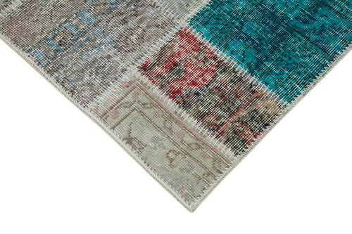 Handmade Area Rug - Blue Patchwork Cotton Wool Vintage Turkish Carpet 2'10''x9'8''