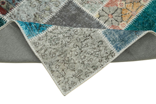 Handmade Area Rug - Blue Patchwork Cotton Wool Vintage Turkish Carpet 2'10''x9'8''