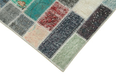 Handmade Area Rug - Blue Patchwork Cotton Wool Rug, Vintage Hand Woven Carpet 3'1''x10'