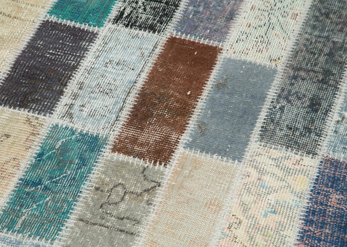 Handmade Area Rug - Blue Patchwork Cotton Wool Rug, Vintage Hand Woven Carpet 3'1''x10'