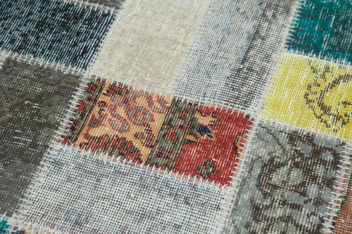 Handmade Area Rug - Blue Patchwork Cotton Wool Vintage Turkish Carpet 2'9''x9'8''