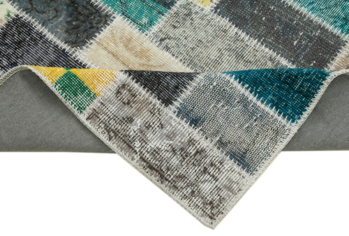 Handmade Area Rug – Blue Patchwork Cotton Wool Vintage Handwoven Carpet 3'2''x8'10''