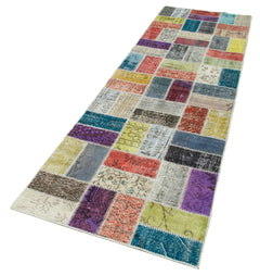 Handmade Area Rug - Blue Patchwork Cotton Wool Vintage Turkish Carpet 2'10''x9'10''